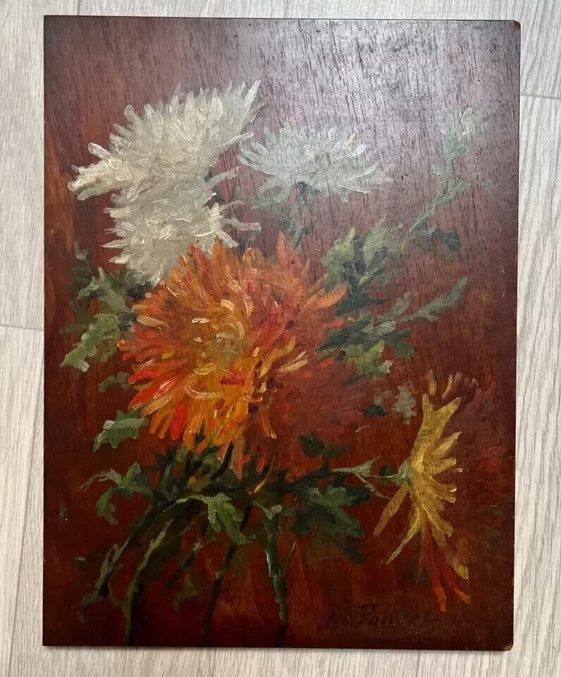 Antique Painting Original by Léopold PONCET (1868-1935) Aster Bouquet image 7