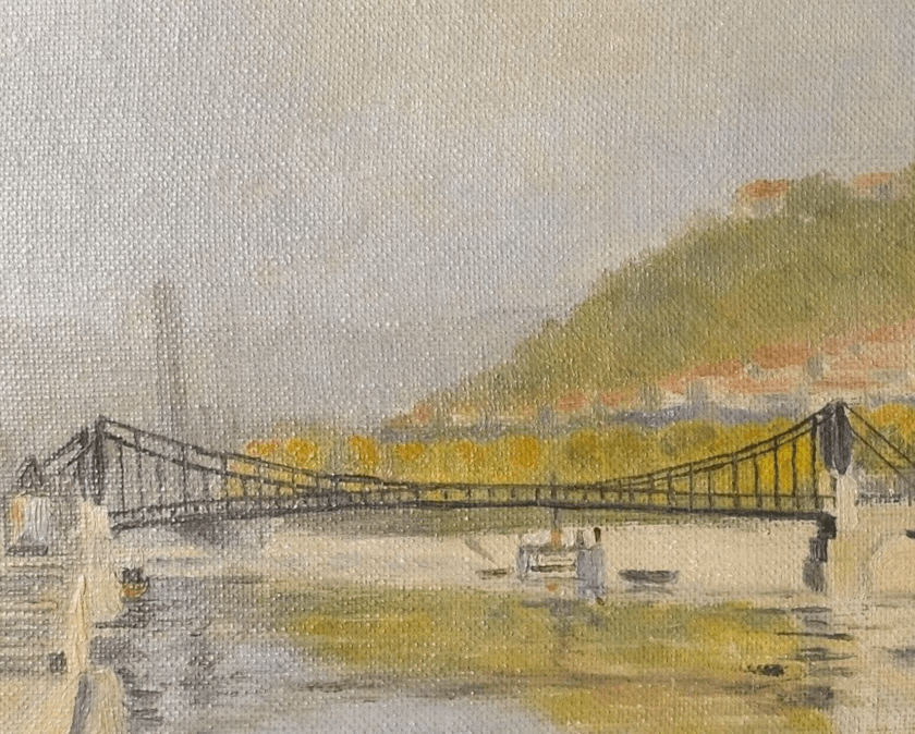 Vintage Oil Painting Maritime Landscape, Boat, City, Bridge, Quay signed Artwork image 3