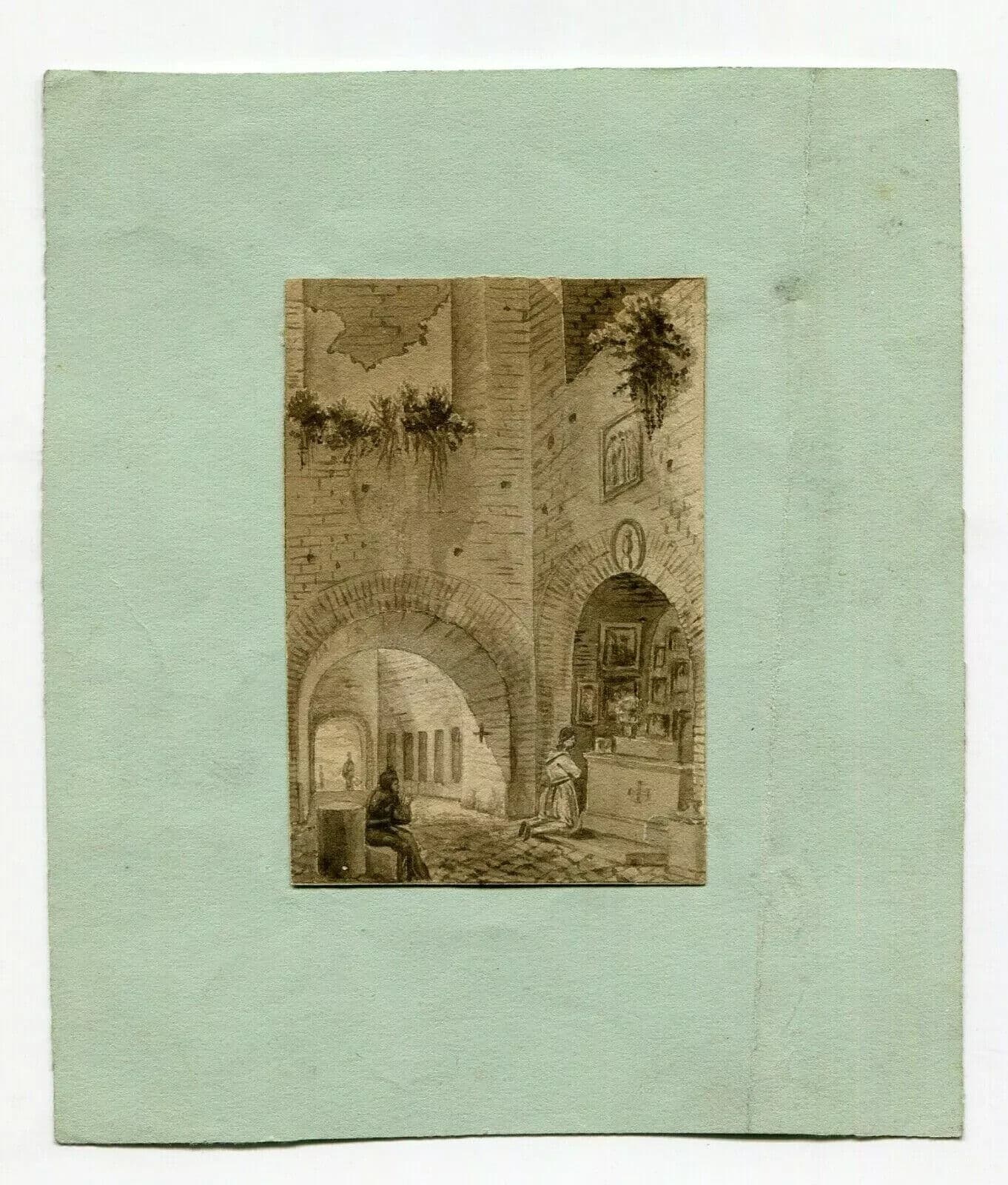 Antique Ink Drawing Religious 19th - Old Masters - Figures Praying in a Church image 2