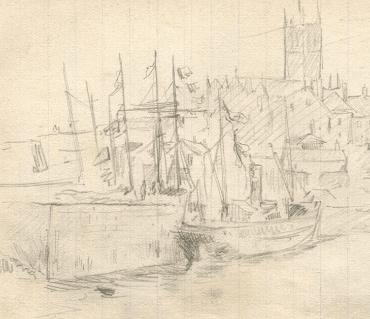 Vintage Original Pencil Drawing Port, Boat Landscape, Cityview Sketch image 1