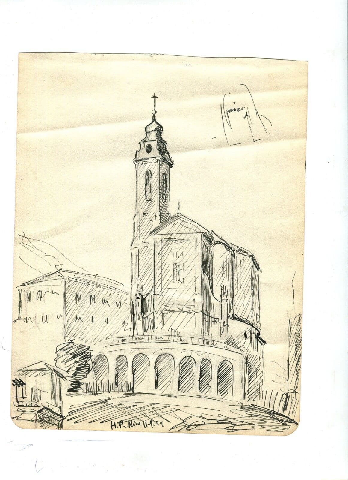 Vintage Ink Original Drawing Cityview, Nice, France Church image 6