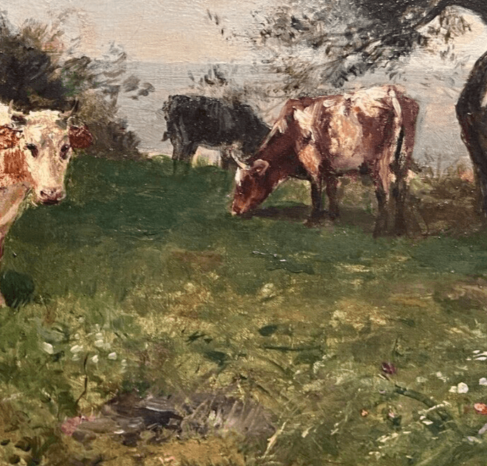 Antique Original Painting 19th century, Cows, Landscape, Farmer, Trees image 3