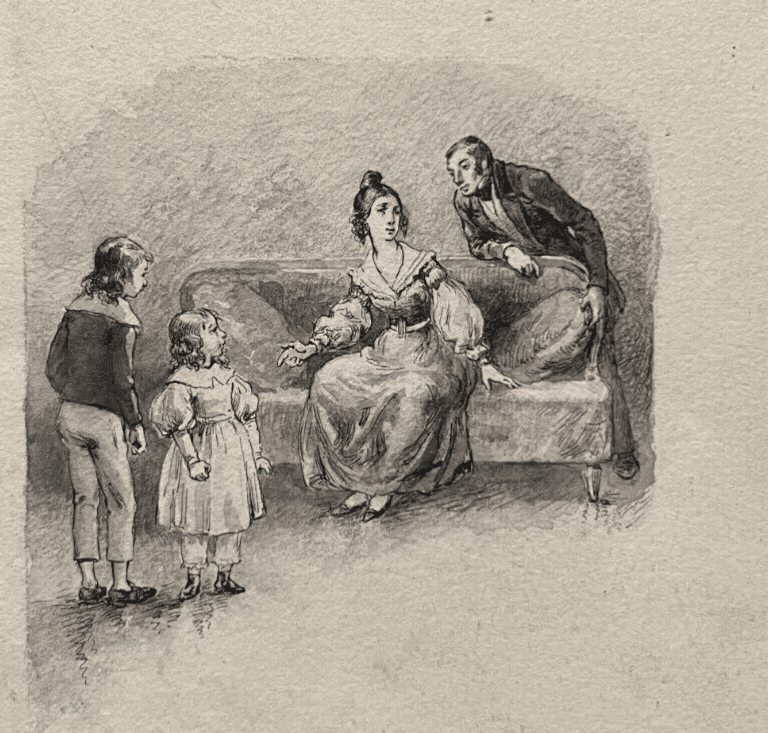 Antique Pencil Drawing 19th century Original Family, Children, Portrait