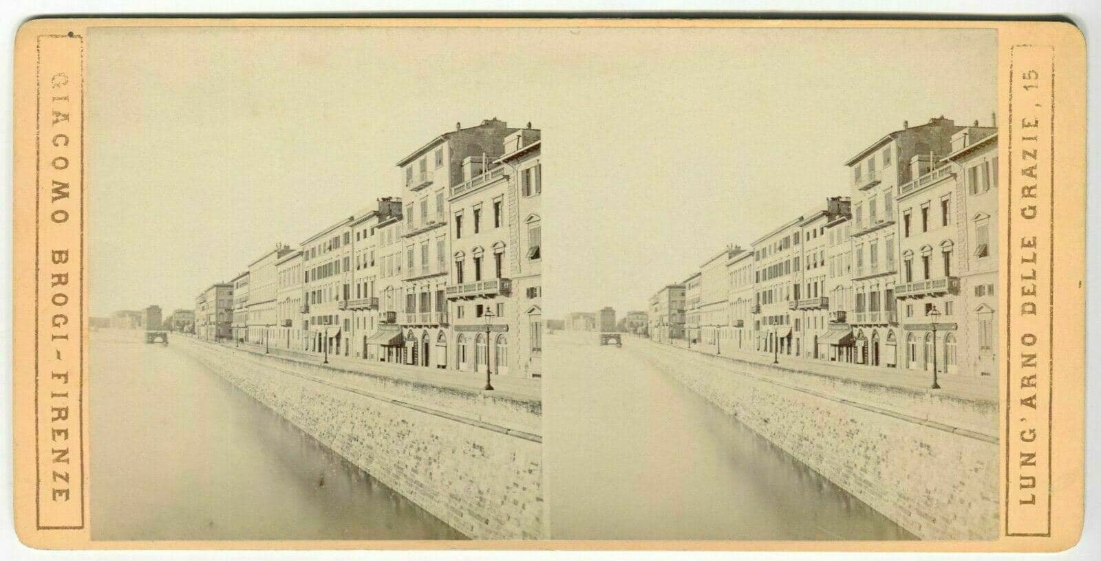 Vintage Stereoview Photo Giacomo BROGI - Florence. Lung' Arno Nuovo c. 1870 image 1