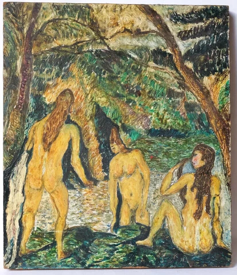 Expressionist Painting Original Yellow Nude Women Portrait by Water image 4