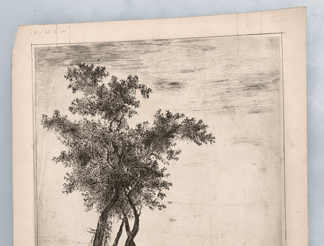 Antique Etching Original Landscape, Tree, People image 5