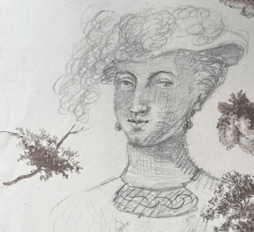 Antique Original Drawing Woman Portrait with Hat, Trees 19th century
