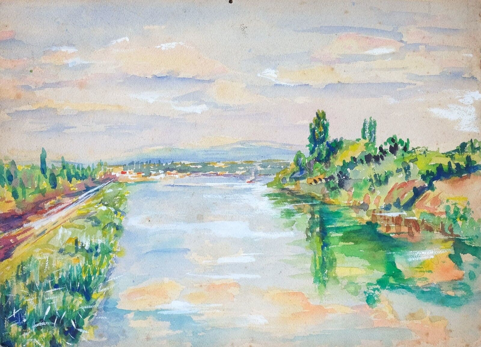 Antique Oil Original Watercolor Landscape with River French image 1