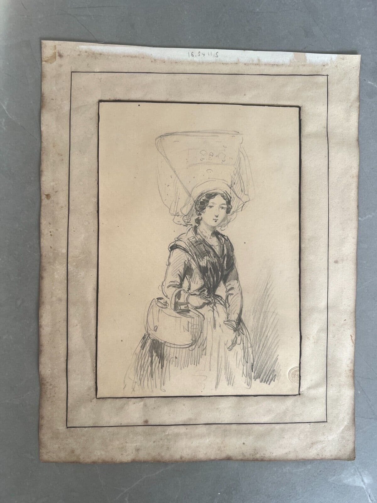 Antique Drawing Original Woman Portrait, Hat, Bag 19th century image 6