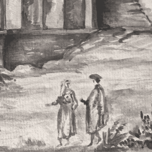 Antique Original Drawing Landscape, People, Building 19th century image 2