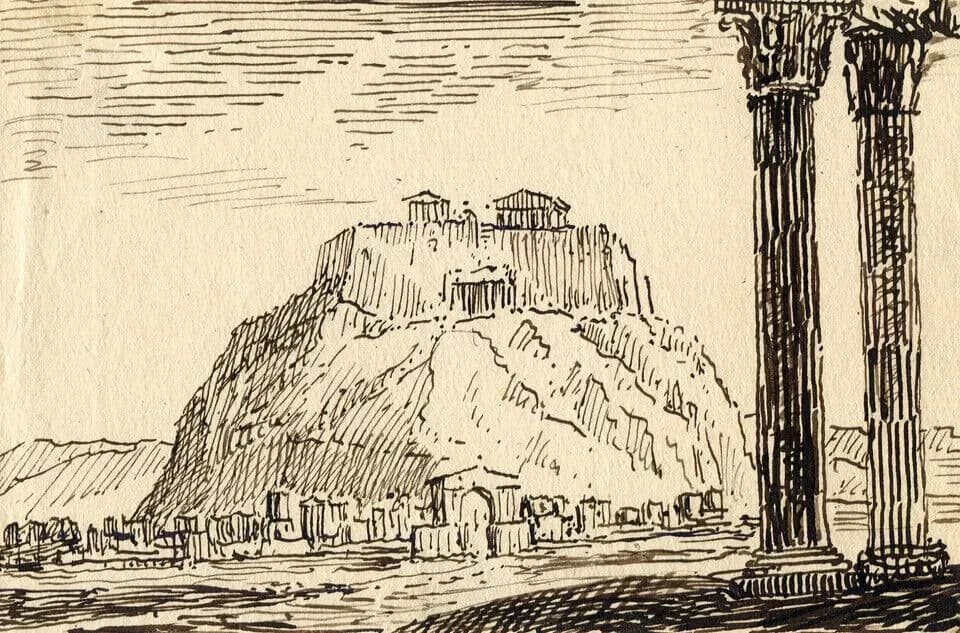 Antique Original Ink Drawing 19th century The Mount Olympus, Romantic Landscape image 5