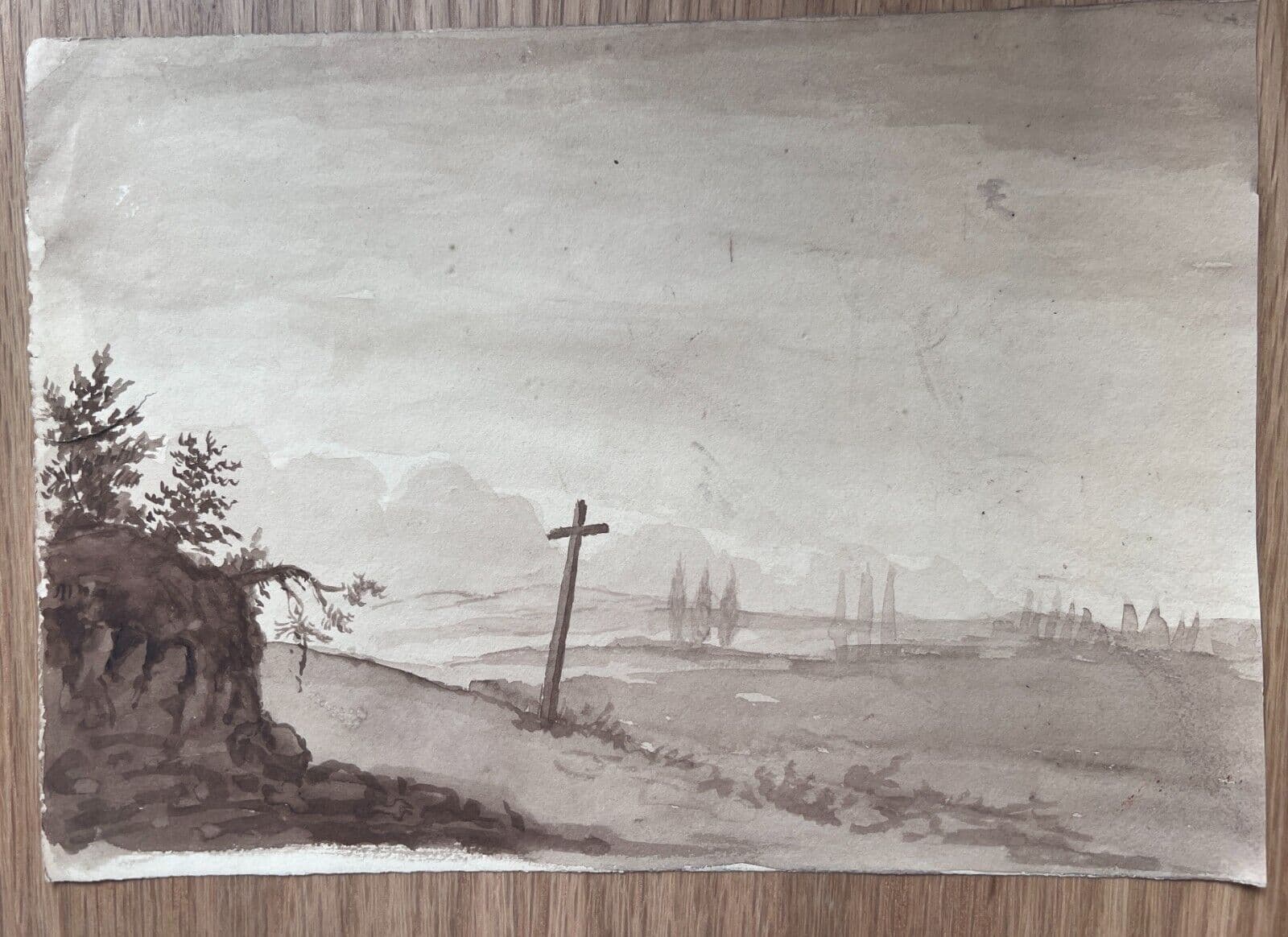Antique Original Drawing, Landscape, Cross, Trees, Forest 19th century image 5