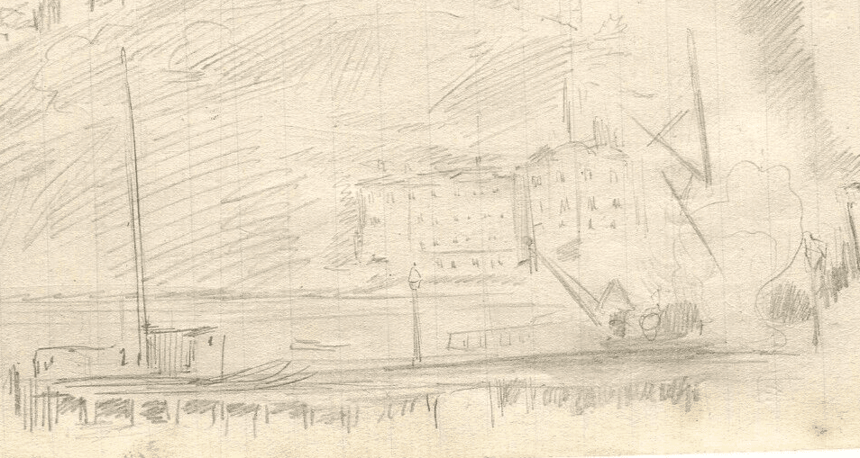 Vintage Pencil Drawing Original Boat, Village, Landscape Artwork image 1