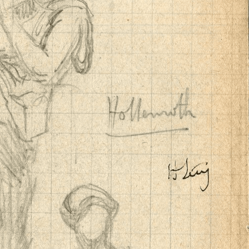 Antique Pencil Original Drawing, Figures, Music, Trumpet, Sketch, Signed image 5