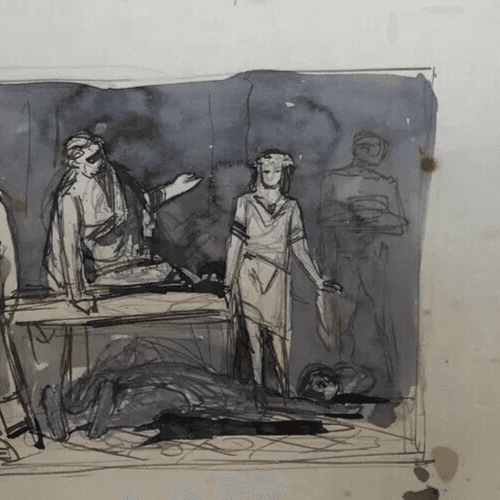 Vintage Original Drawing Man on a Bed, People, Death image 4