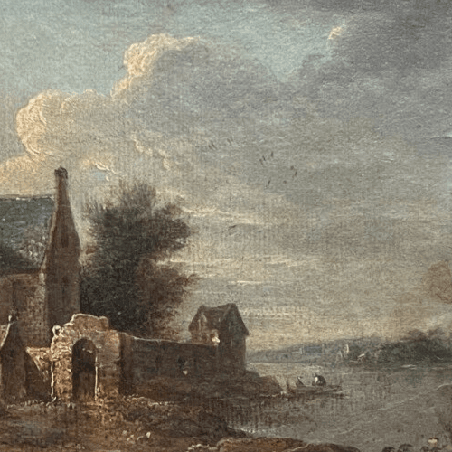 Antique Painting Original Landscape, River, House, People, Trees 18th century image 3