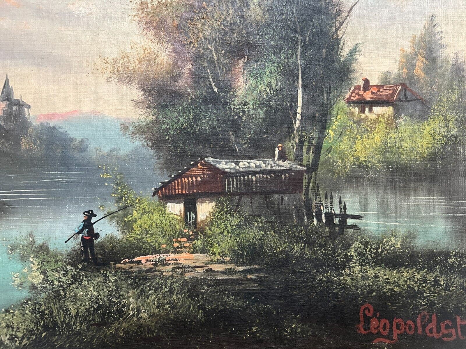 Antique Oil Painting Original 19th century Fisherman in a Landscape signed