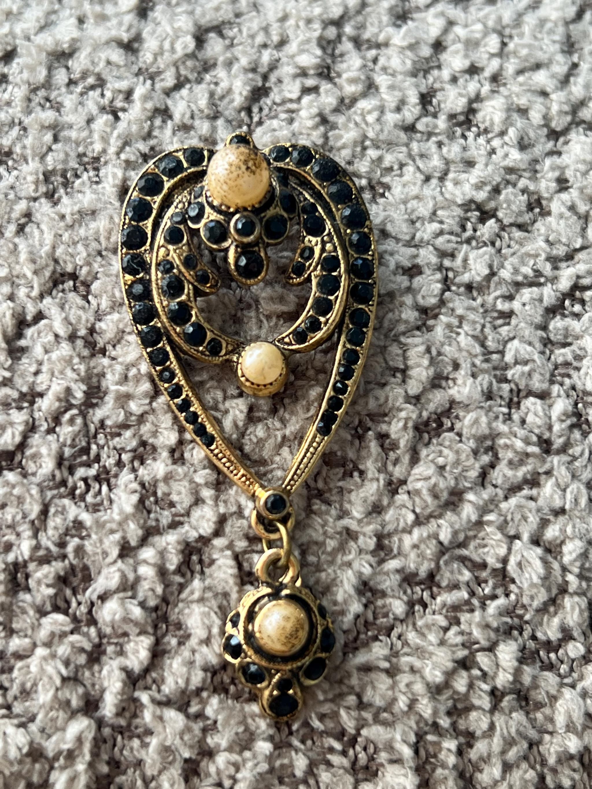 Vintage Ornate Black and Ivory Brooch with Dangling Charm image 1