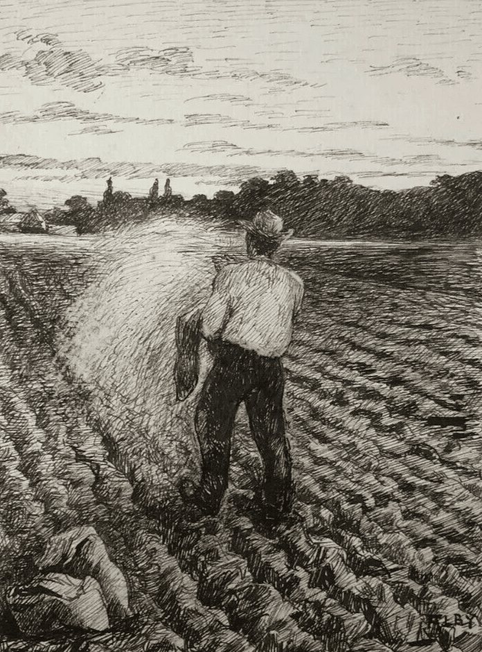 Antique Ink Old Drawing Original Man in the Field, Sow, Farmer image 1