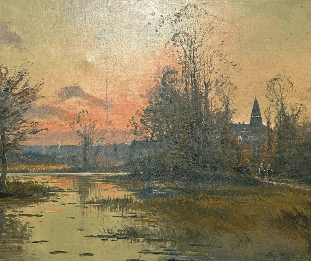 Antique Painting Original Landscape, Sunset, Lake, Forest, Trees, People signed image 1