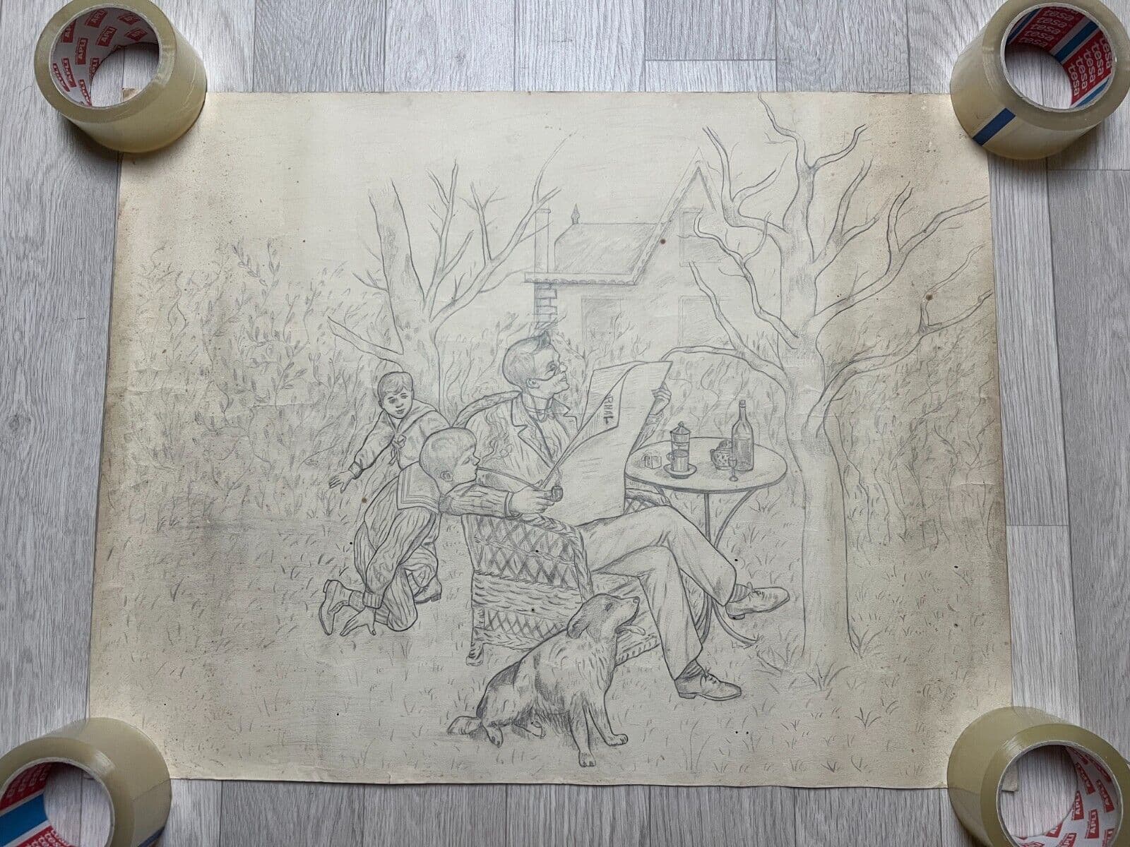 Antique Original Drawing People, Children, Dogs, Life Scene image 2