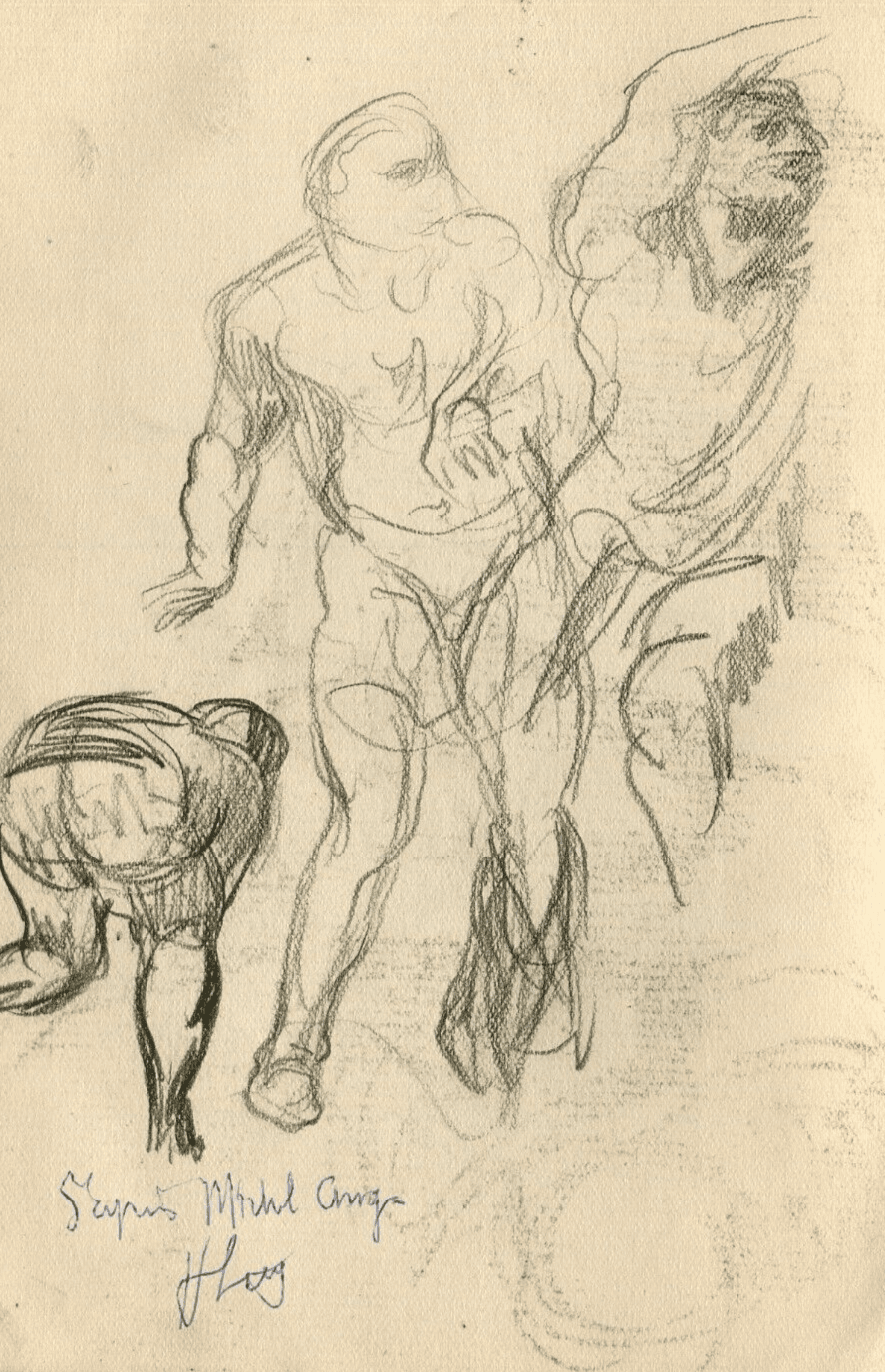 Antique Pencil Drawing Original Sketch Figures, Michel Ange Artwork, Signed image 1