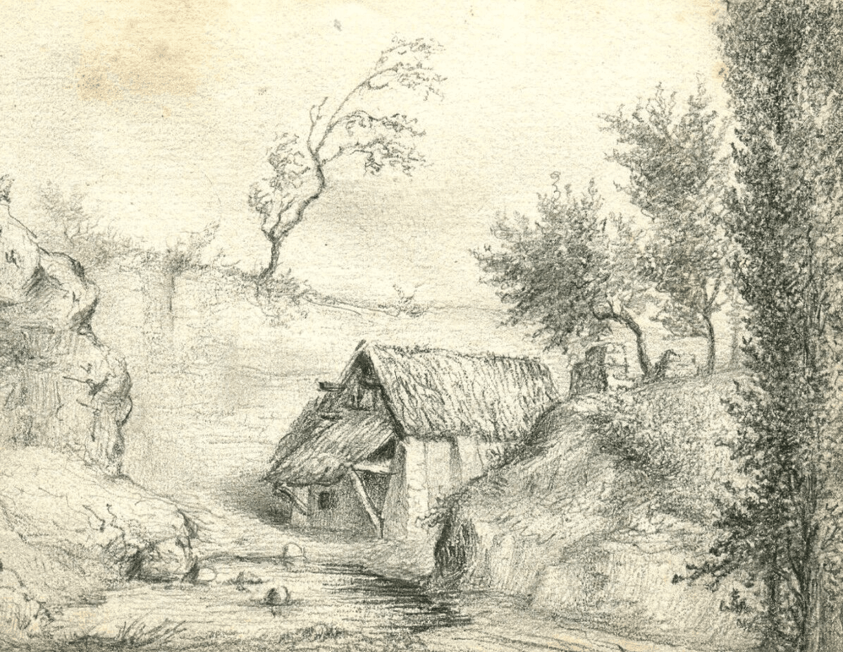 Antique Pencil Original Drawing 19th century Landscape, Farm, Forest image 1