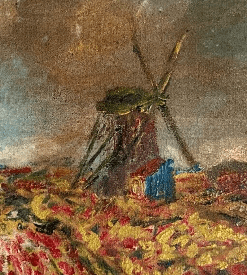 Antique Old Painting signed Mill Flowers Fields Landscape Floral image 4