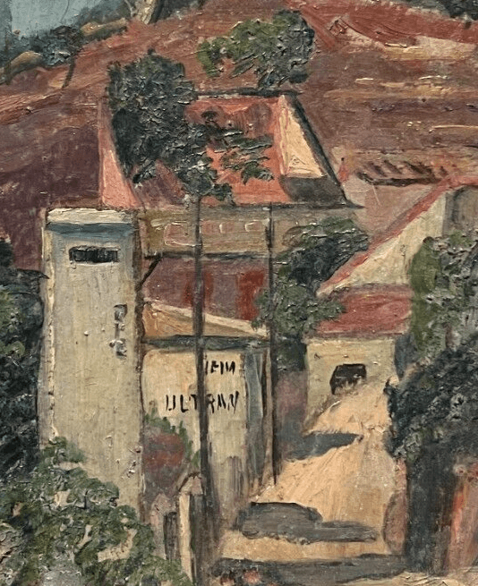 Antique Oil Painting Original Landscape, Cityview, Houses, Trees signed image 4
