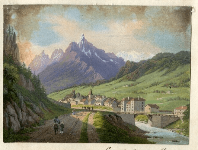 Antique Drawing 19th century Mountain Landscape Mont-Denis Village Lans-le-Bourg image 1