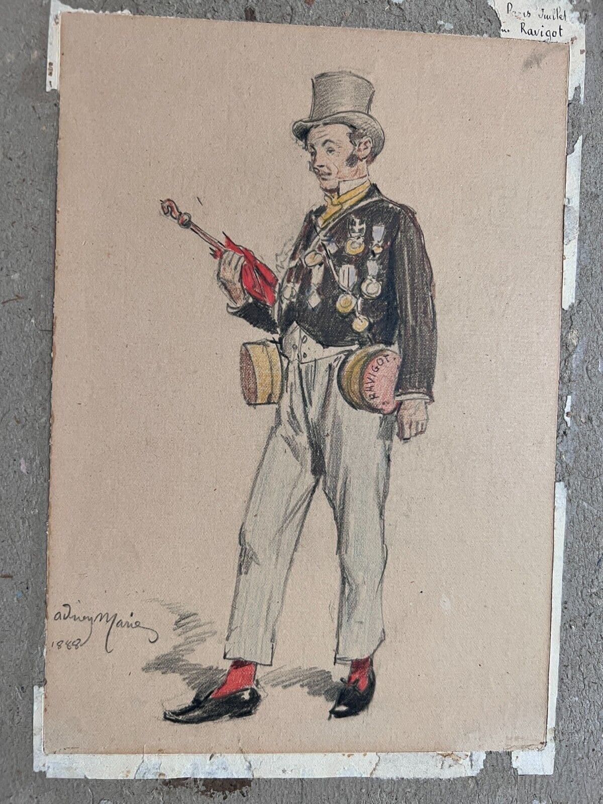 Antique Original Drawing Musician Man Portait, Violon 19th century signed image 2