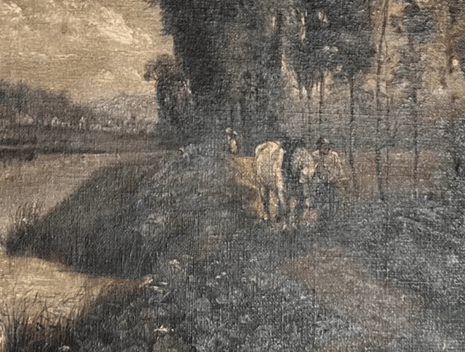 Antique Oil Original Painting River Landscape, Man with Horse, Trees, Loing image 4