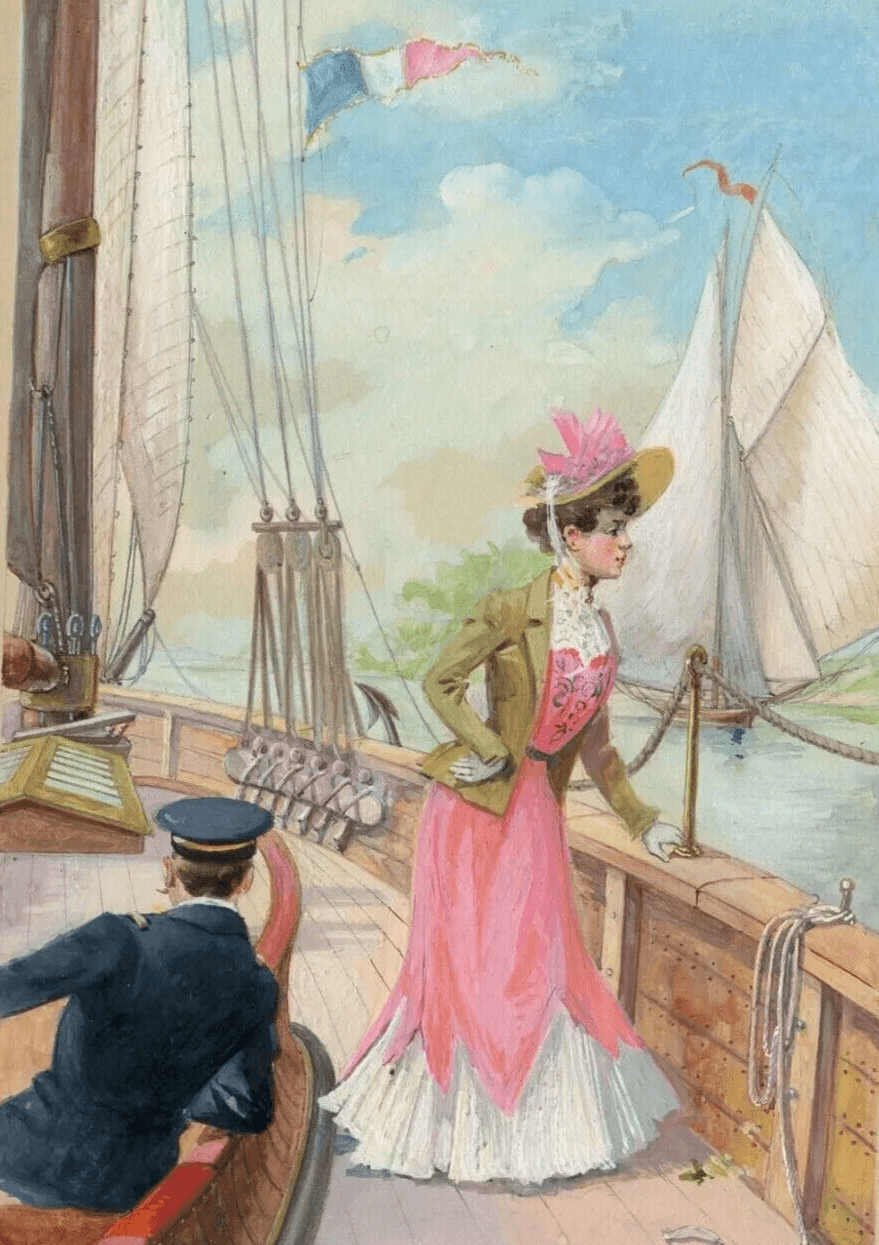 Art Nouveau Drawing Illustration, Woman on Boat, Flag, France, Sailor image 1