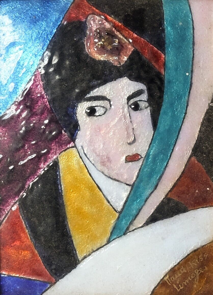 Antique Original Painting Japanese Woman Portrait, Enamel Framed