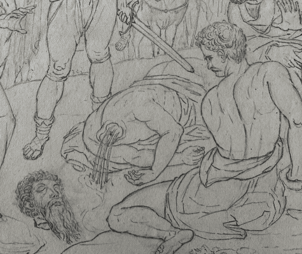 19th century Original Antique Pencil Drawing Historical Scene, Murder Artwork image 3