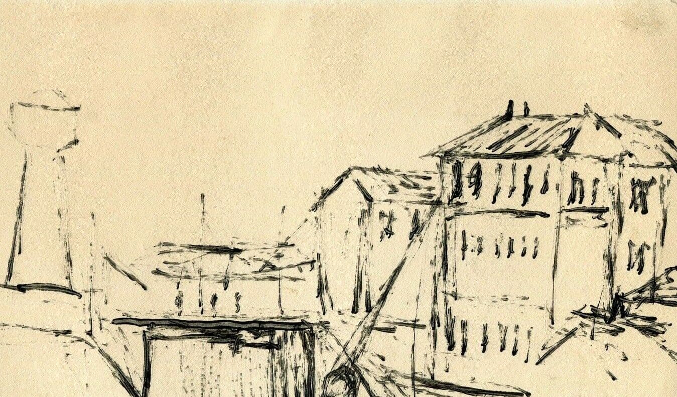 Antique Original Drawing Ink EVARISTO (1923-2009) Village Landscape image 1