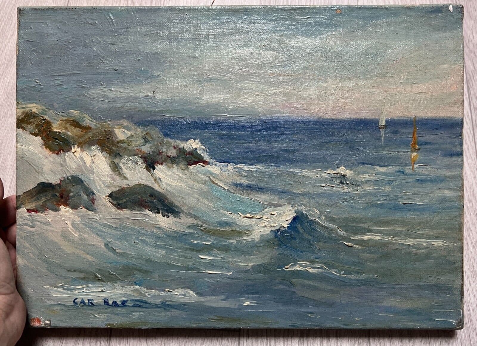 Antique Original Painting Landscape, Maritime, Boats, Sea, Waves signed image 2