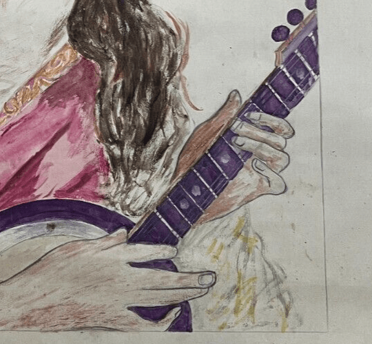 Antique Original Drawing Woman, Portrait, Music, Mandolin, Guitar image 4