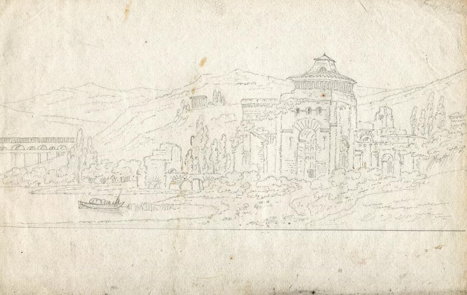Antique Pencil Drawing Landscape 19th century Building and Boat image 3