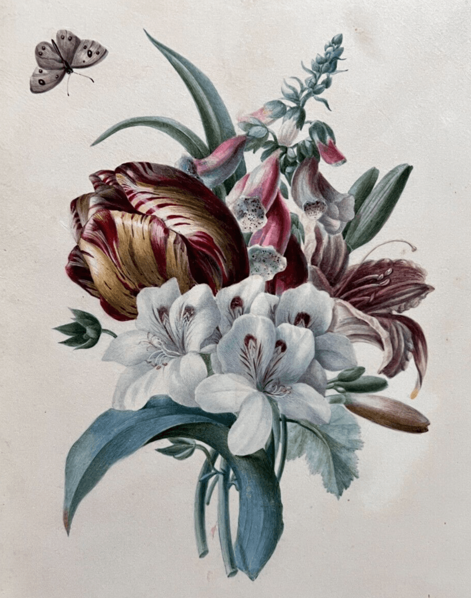 Antique Painting Original Flowers, Floral, Still Life, Butterfly, Tulip image 1