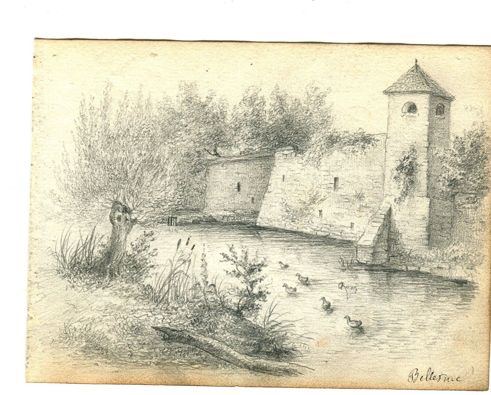 Antique Pencil Drawing Original Wall Landscape River, Duck, Tree, Cityview image 6