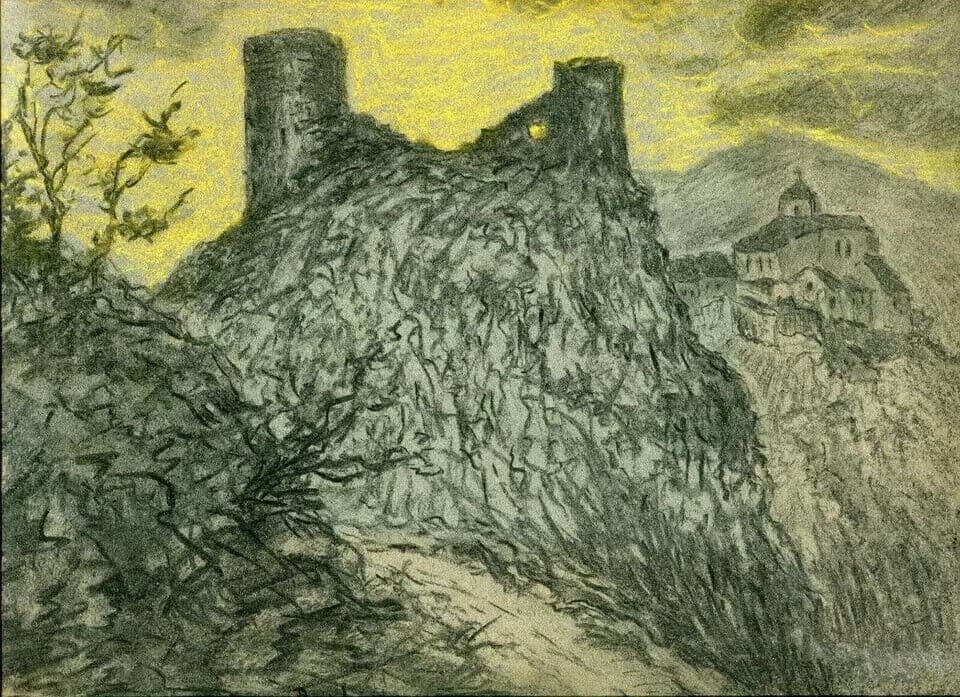 Vintage Drawing Original signed Paul LERICHE (1876-1927) - Ruins Castle Sunset image 4