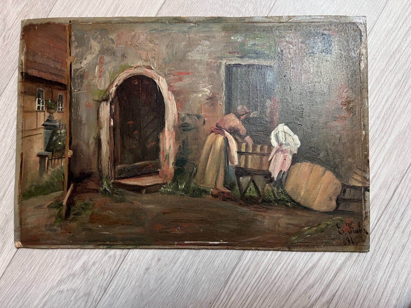 Antique Original Painting 19th century Landscape, People, Dresde 1891 image 2