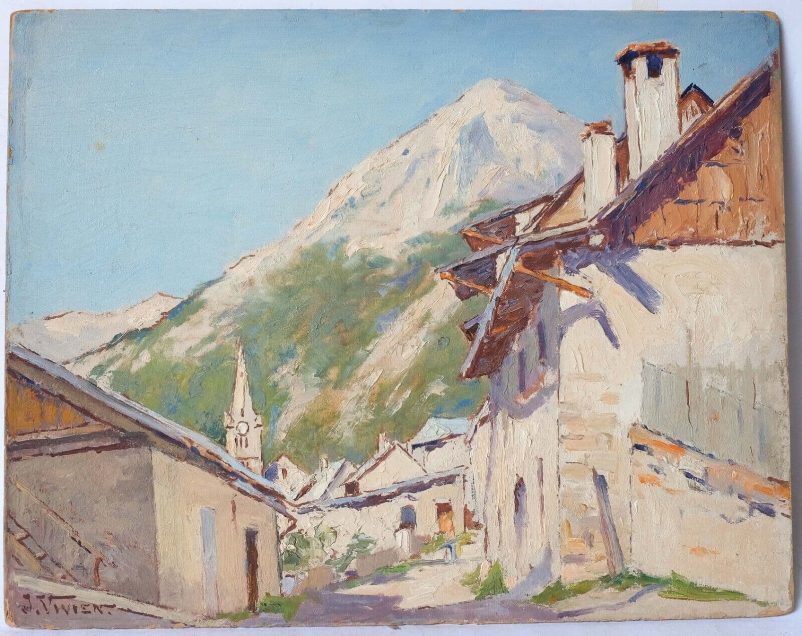 Antique Original Painting Mountain Landscape, Town, Buildings image 5