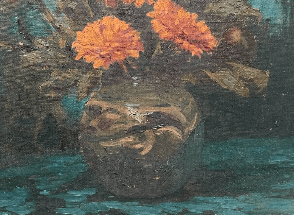 Antique Oil Painting Original Still Life, Flowers, Vase signed image 4