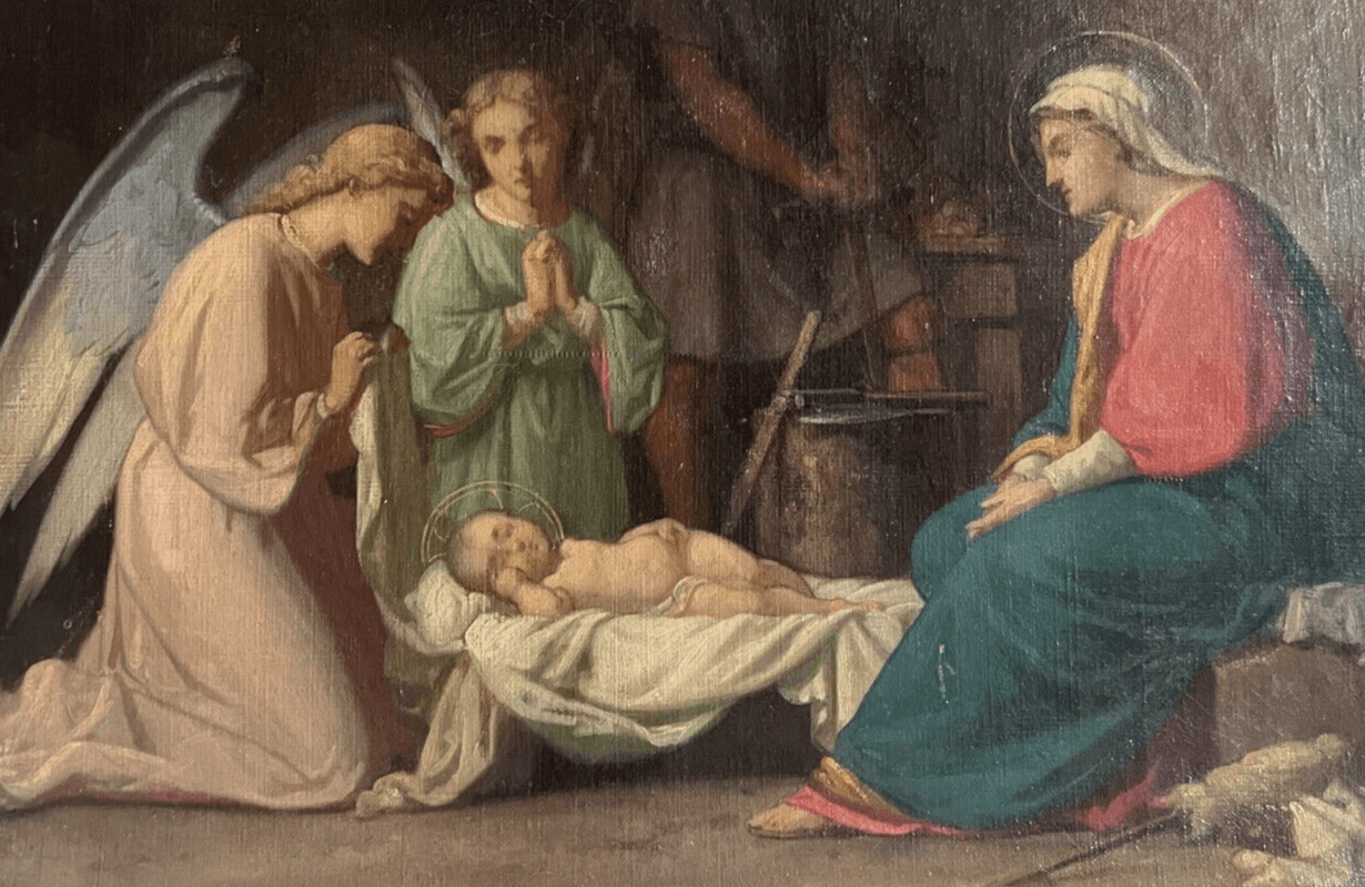 Antique Painting Original 19th century Religious Christ, Mary, Apostles Nativity image 1