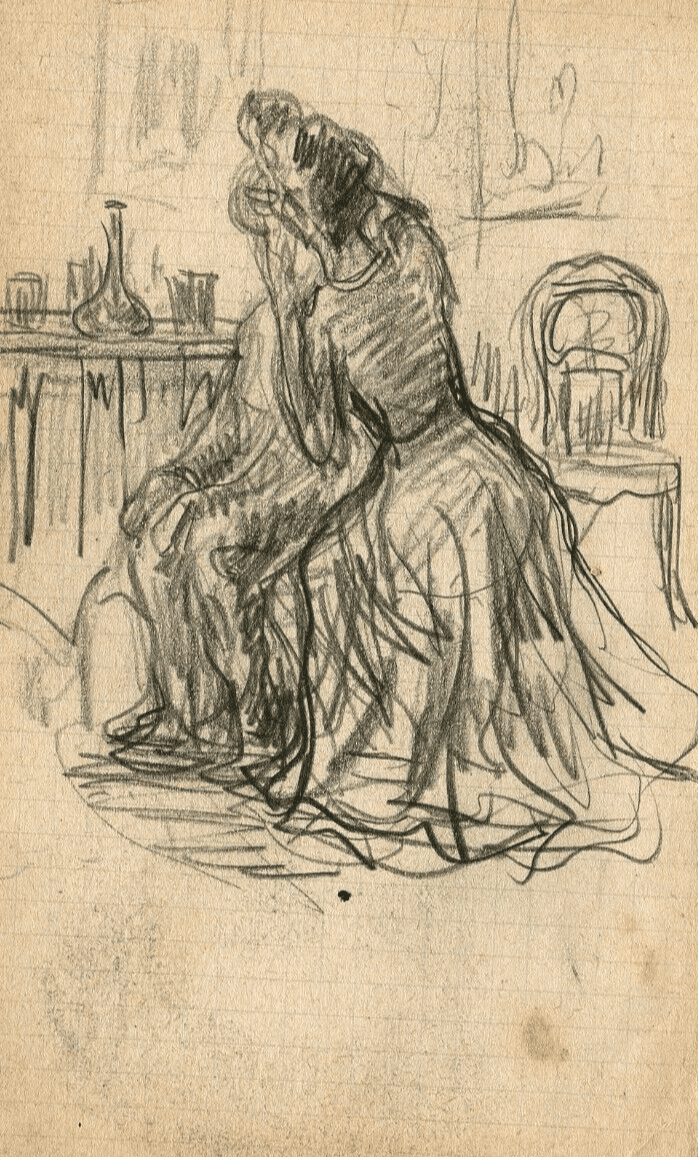 Antique Pencil Original Drawing signed Elegant Women Sitting image 1