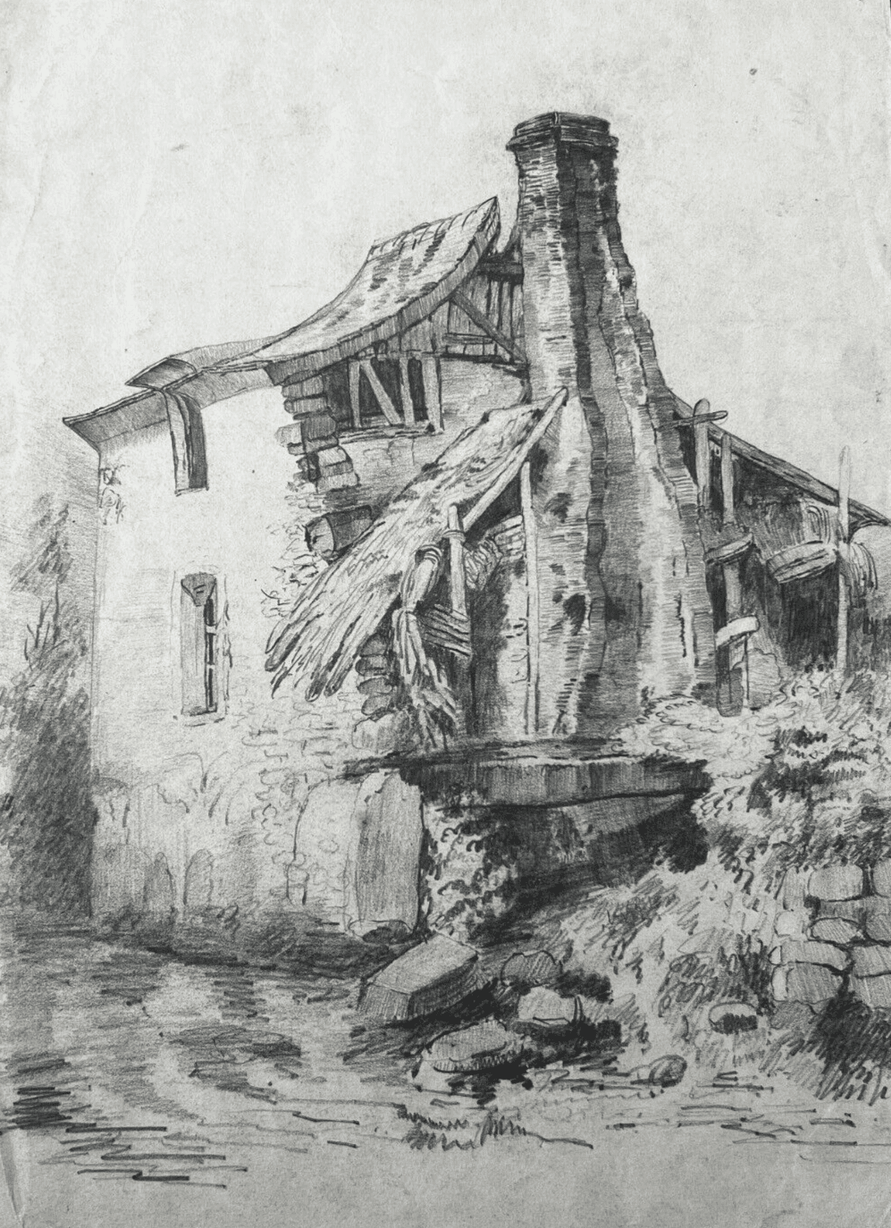 19th century Original Antique Pencil Drawing Landscape House, Farm by River image 1
