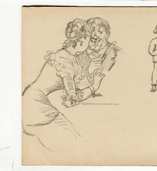Vintage Pencil Original Drawing Couple Portrait, Man with Pig image 2