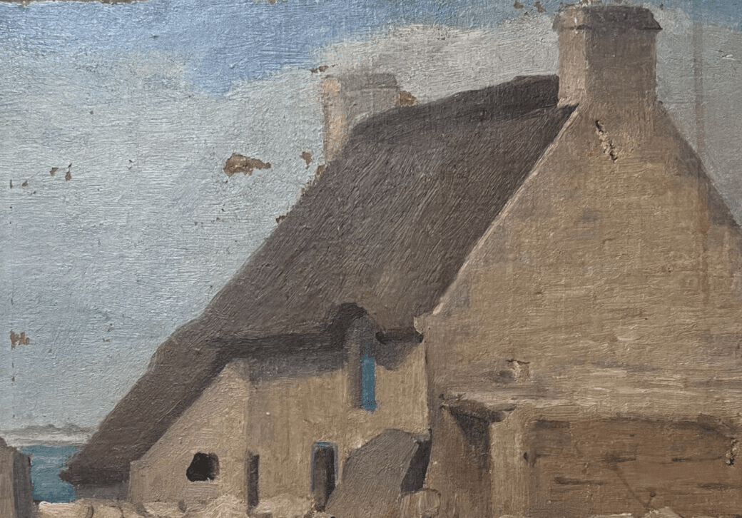 Antique Original Painting Landscape, Woman, House, Bretagne, Working Life image 4